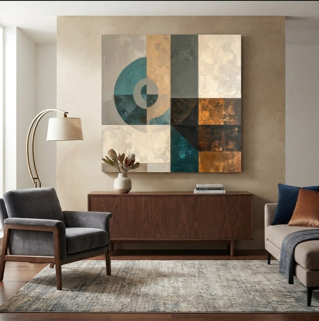 Modern Geometric Color-Block Square Canvas Print - Teal, Gold Leaf & Neutral Grid Wall Art
