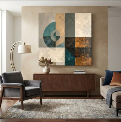Modern Geometric Color-Block Square Canvas Print - Teal, Gold Leaf & Neutral Grid Wall Art