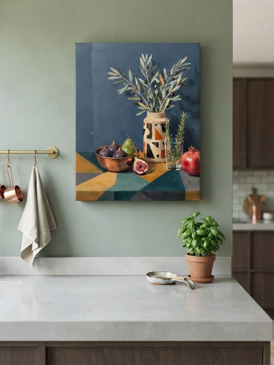 Modern Mediterranean Still Life Canvas Print - Slate Blue Slate & Fig Harvest Wall Art
