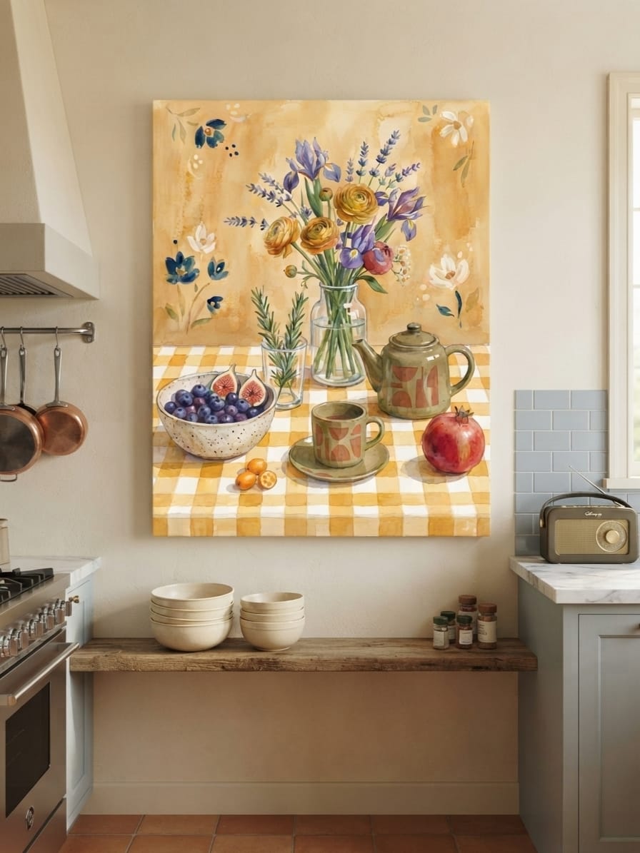 Modern Watercolor Floral Still Life Canvas Print - Warm Ochre Tea & Harvest Table Wall Art