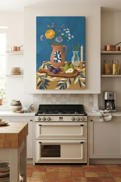 Mediterranean Still Life Canvas Print - Tuscan Wildflowers, Figs & Olive Pattern Table Wall Art