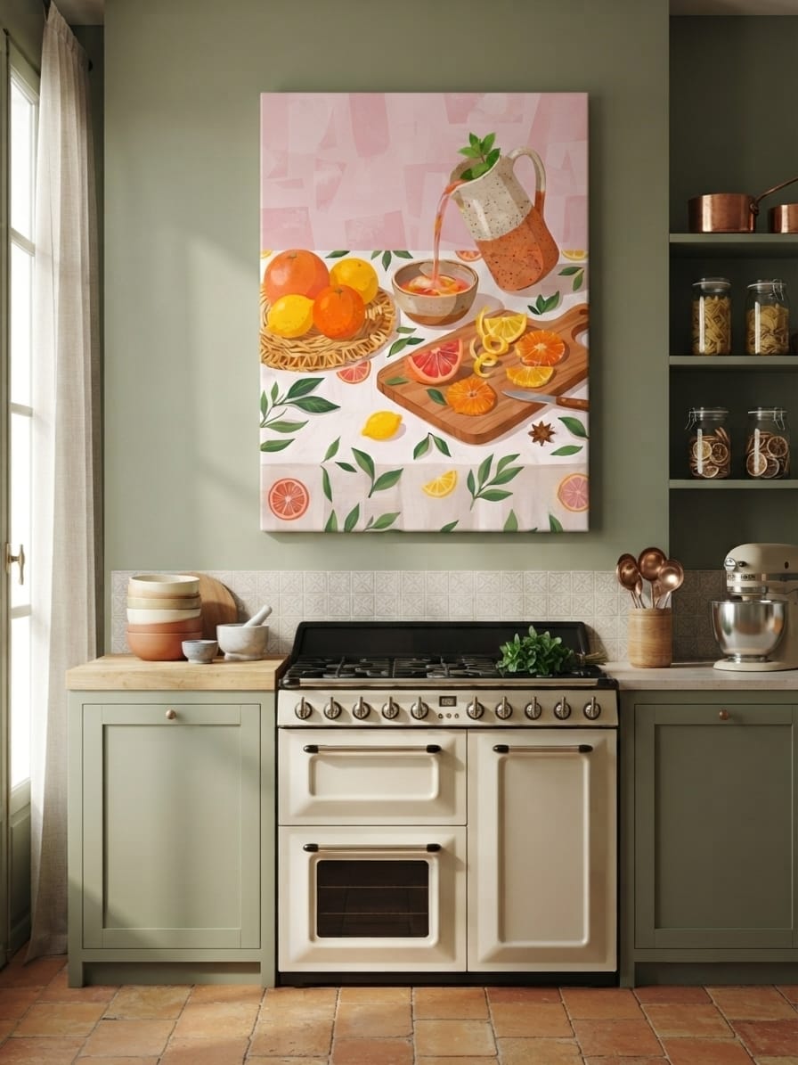 Modern Citrus Harvest Still Life Canvas Print - Pink & Orange Kitchen Wall Art