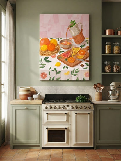 Modern Citrus Harvest Still Life Canvas Print - Pink & Orange Kitchen Wall Art