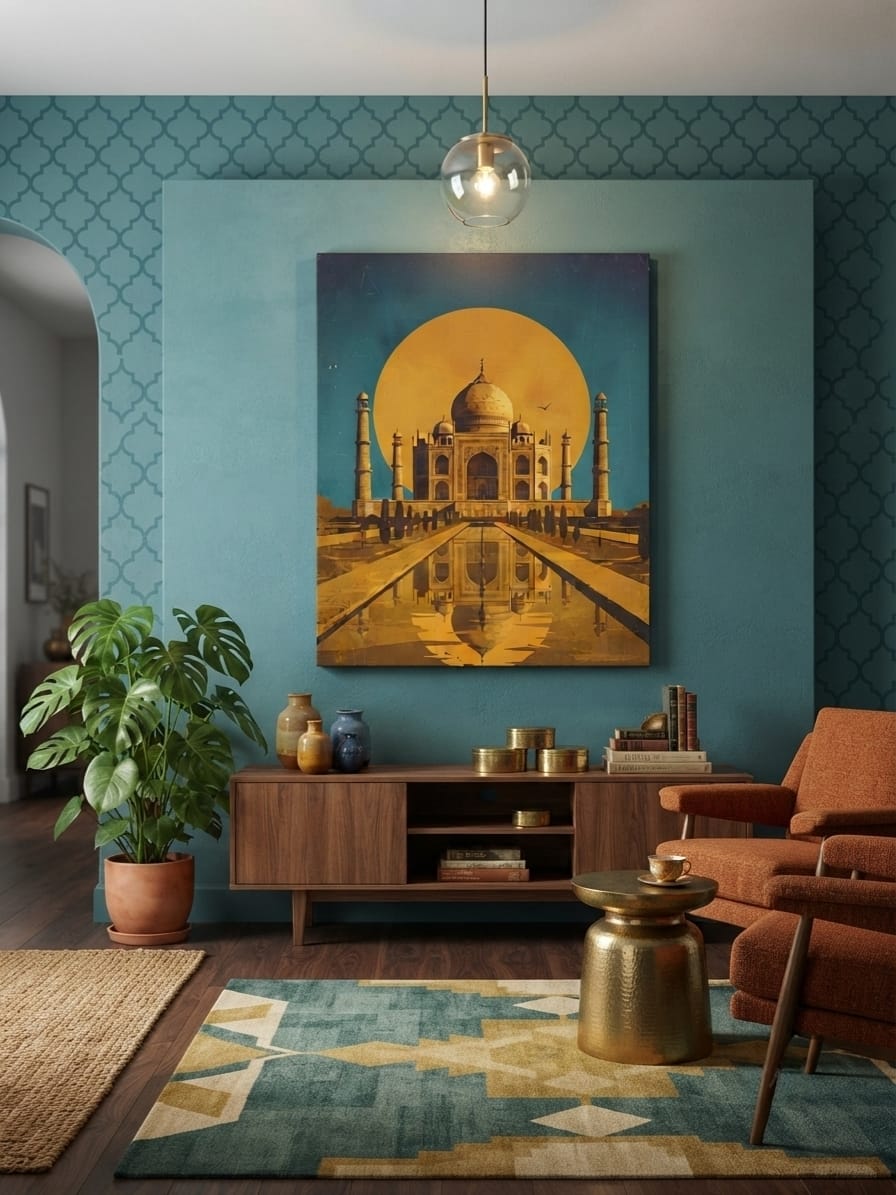 Vintage Taj Mahal Landscape Canvas Print - Warm Gold & Teal Sunset Architecture Wall Art