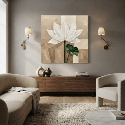 Modern White Lotus Flower Canvas Print - Textured Impasto Botanical Wall Art (Beige or Slate Grey)