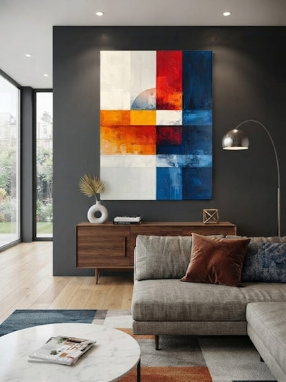 Modern De Stijl Abstract Geometric Canvas Print - Crimson Red & Navy Blue Grid Wall Art