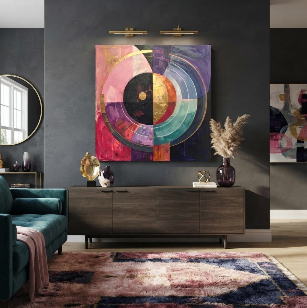 Modern Geometric Celestial Circle Canvas Print - Blush Pink, Gold & Deep Indigo Wall Art