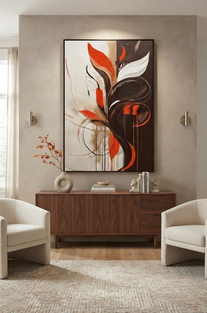 Modern Abstract Botanical Canvas Print - Vibrant Vermilion Red & Espresso Brown Wall Art