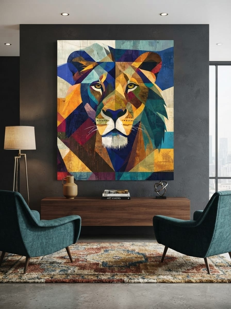 Modern Geometric Lion Portrait Canvas Print - Colorful Prismatic Wildlife Wall Art