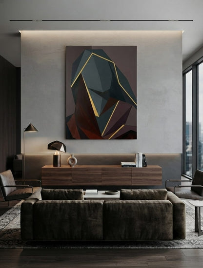 Modern Geometric Cubist Portrait Canvas Print - Charcoal & Gold Abstract Wall Art