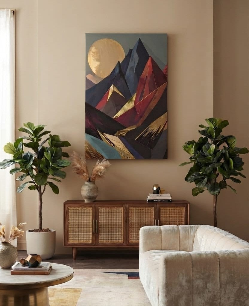 Modern Geometric Mountain Landscape Canvas Print - Gold Sun & Slate Blue Wall Art