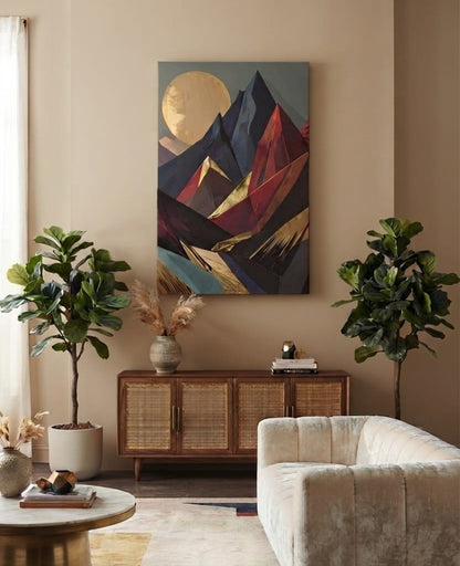 Modern Geometric Mountain Landscape Canvas Print - Gold Sun & Slate Blue Wall Art