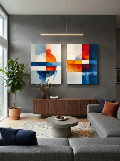 Modern Bauhaus Geometric Abstract Canvas Print Set - Crimson Red & Slate Blue 2-Piece Diptych Wall Art