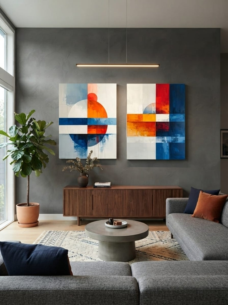 Modern Bauhaus Geometric Abstract Canvas Print Set - Crimson Red & Slate Blue 2-Piece Diptych Wall Art