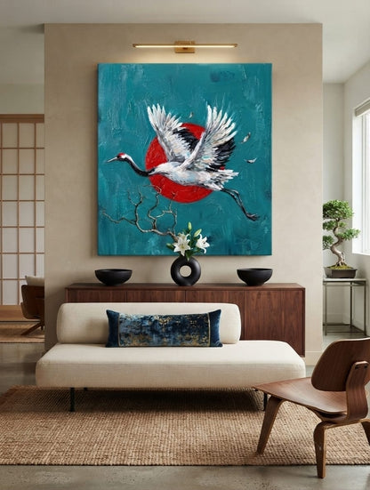 Japanese Red-Crowned Crane Canvas Print - Impasto Teal & Crimson Sun Wildlife Wall Art
