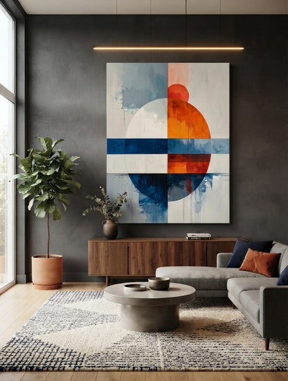 Modern Bauhaus Geometric Abstract Canvas Print - Coral Orange & Slate Blue Sphere Wall Art