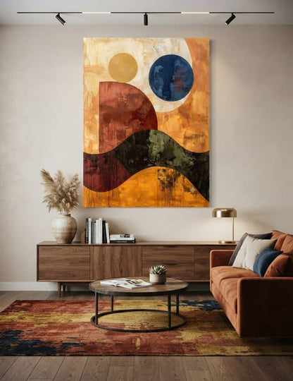 Modern Mid-Century Abstract Geometric Canvas Print - Textured Terracotta & Navy Spheres Wall Art