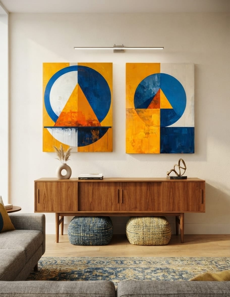 Modern Bauhaus Geometric Canvas Print Set - Blue & Golden Yellow 2-Piece Diptych Wall Art