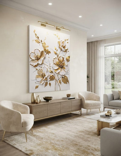 Modern White and Gold Floral Canvas Print - 3D Impasto Flower Wall Art