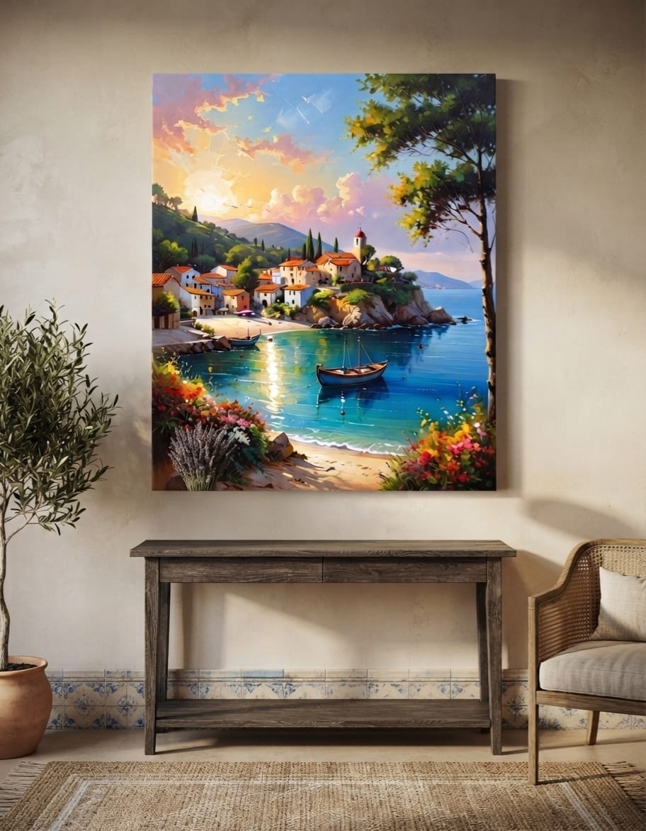 Mediterranean Coastal Village Canvas Print - Sunlit Harbor & Beach Landscape Wall Art