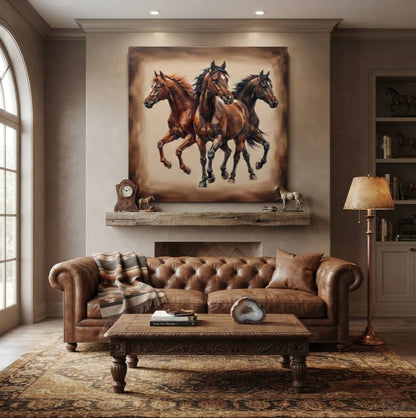 Three Wild Horses Canvas Print - Modern Faceted Impasto Equestrian Wall Art