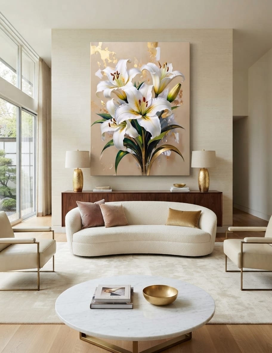 Modern White Stargazer Lily Canvas Print - Gold & Cream Botanical Wall Art