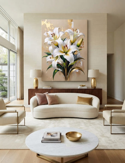 Modern White Stargazer Lily Canvas Print - Gold & Cream Botanical Wall Art
