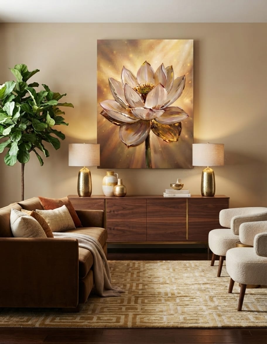 Radiant Golden Lotus Flower Canvas Print - Luminous Impasto Botanical Wall Art (Radiant Amber or Soft Champagne)