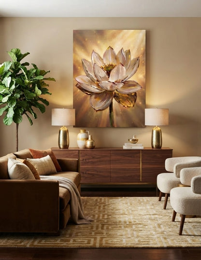 Radiant Golden Lotus Flower Canvas Print - Luminous Impasto Botanical Wall Art (Radiant Amber or Soft Champagne)