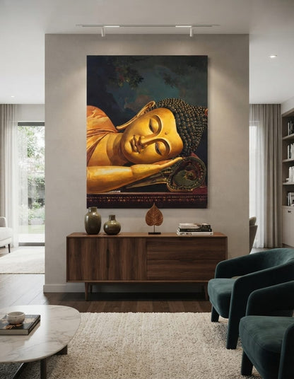 Reclining Golden Buddha Canvas Print - Parinirvana Meditative Wall Art