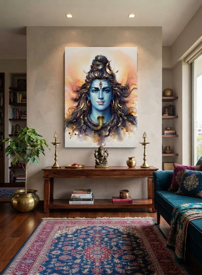 Lord Shiva Canvas Wall Art - Modern Blue & Gold Divine Watercolor Portrait Print