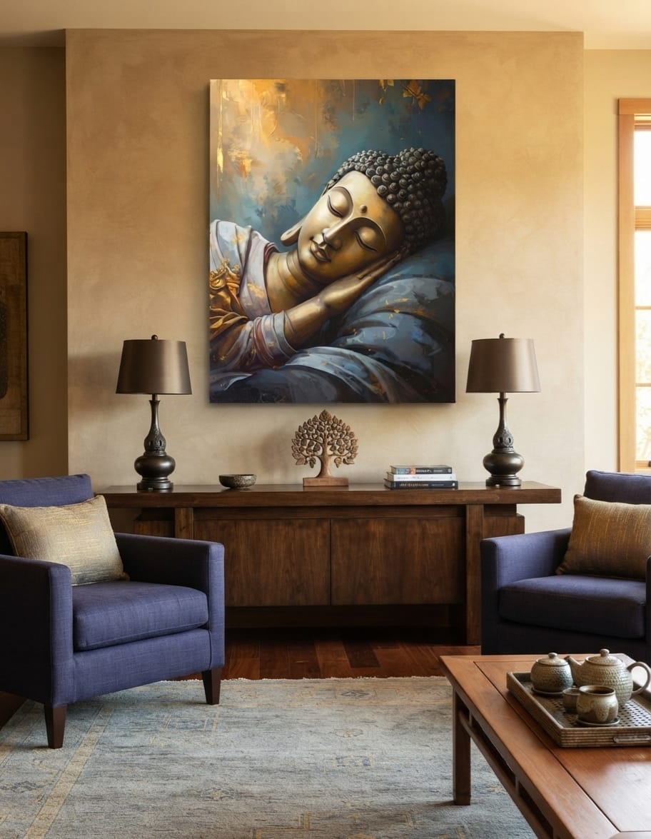 Reclining Golden Buddha Canvas Print - Soft Blue & Gold Meditative Wall Art