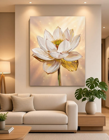Radiant Golden Lotus Flower Canvas Print - Luminous Impasto Botanical Wall Art (Radiant Amber or Soft Champagne)