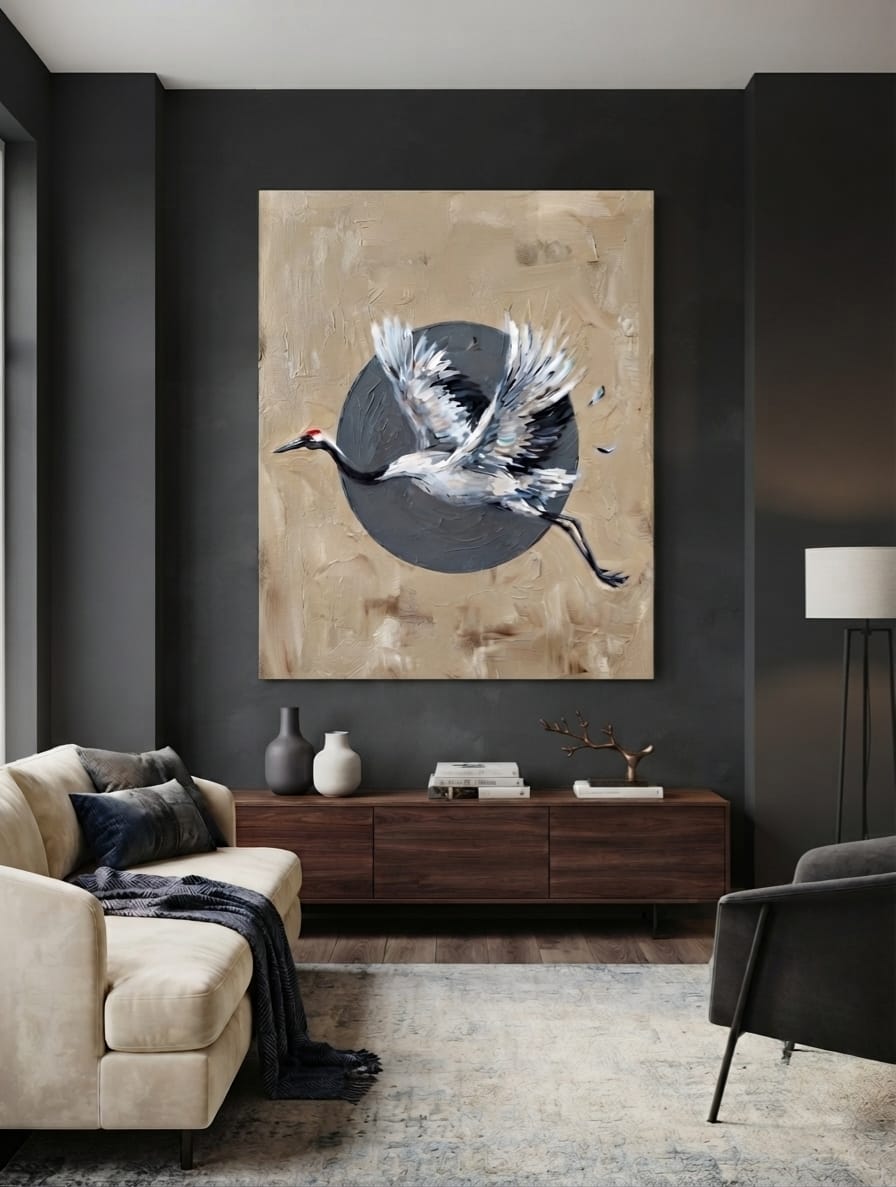 Japanese Red-Crowned Crane Canvas Print - Modern Asian Impasto Bird Wall Art