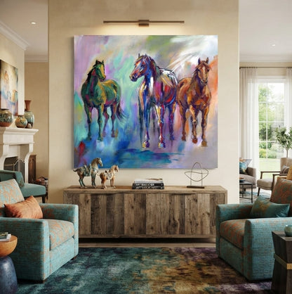 Three Wild Horses Canvas Print - Vibrant Expressionist Impasto Equestrian Wall Art