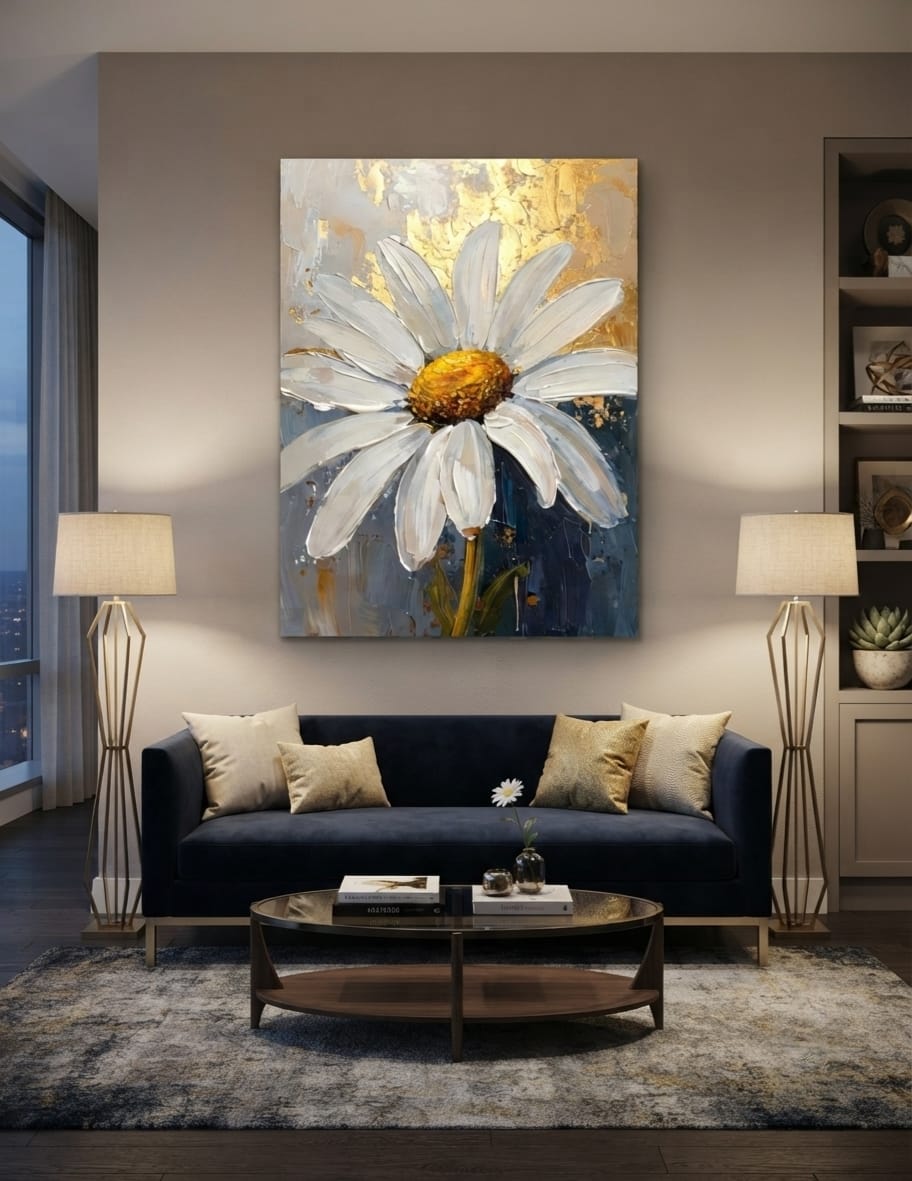 White Daisy Impasto Canvas Print - Modern Botanical Wall Art