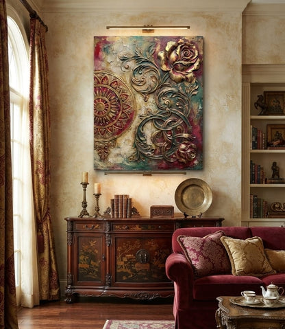 Baroque Rose & Mandala Canvas Print - 3D Crimson & Gold Wall Art