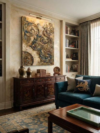 Baroque Phoenix & Pagoda Canvas Print - 3D Gold & Teal Relief Wall Art