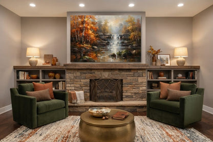 Autumn Forest Waterfall Canvas Print - Modern Impasto Birch Tree Landscape Wall Art