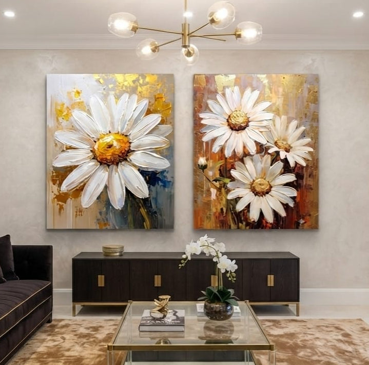 Golden White Daisy Diptych Canvas Print Set - 2-Piece Modern Impasto Botanical Wall Art
