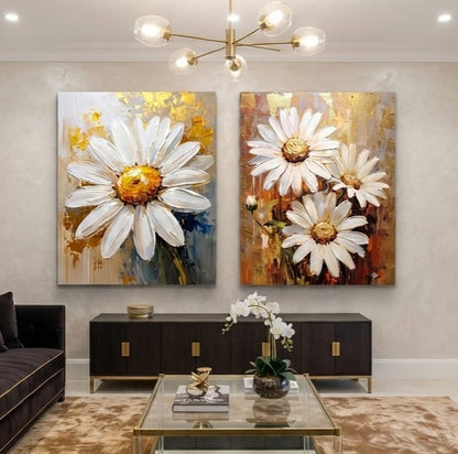 Golden White Daisy Diptych Canvas Print Set - 2-Piece Modern Impasto Botanical Wall Art