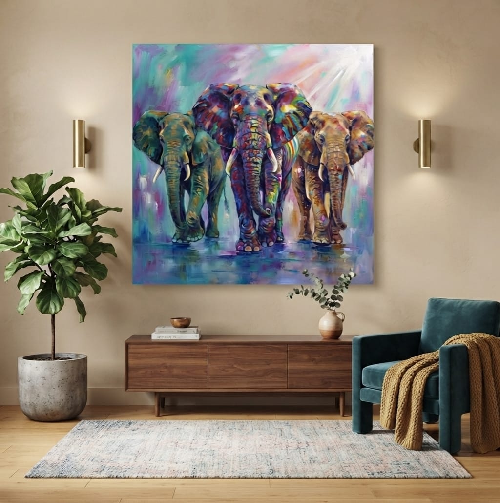 Three Elephants Canvas Print - Vibrant Impasto Wildlife Wall Art
