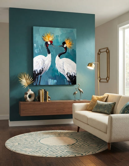 Red-Crowned Crane Couple Canvas Print - Impasto Japanese Wildlife Teal Wall Art