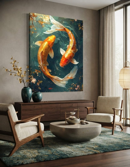 Golden Koi Fish Canvas Print - Celestial Yin Yang Circular Pond Wall Art