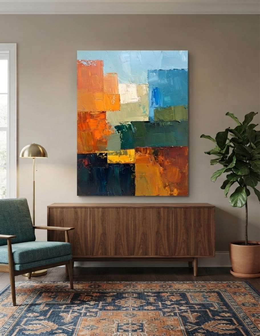 Modern Terracotta & Cobalt Impasto Canvas Print - Abstract Palette Knife Geometric Wall Art