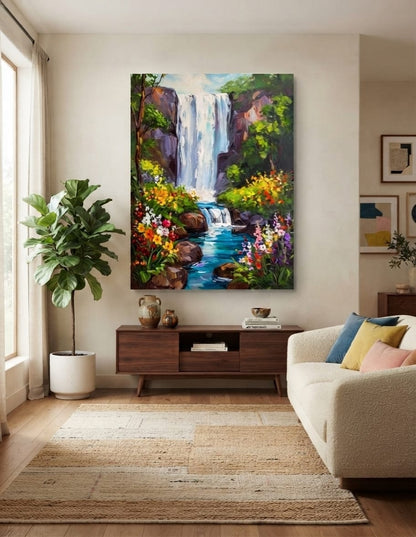 Impasto Waterfall Canvas Print - Mountain Cliff Floral Stream Landscape Wall Art