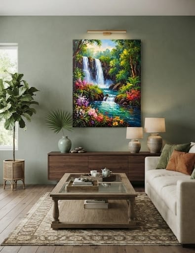 Vibrant Tropical Waterfall Canvas Print - Blooming Wildflower Forest River Wall Art