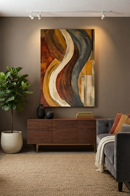 Modern Ochre & Slate Curved Ribbons Canvas Print - Abstract Earth Tone Waves Wall Art