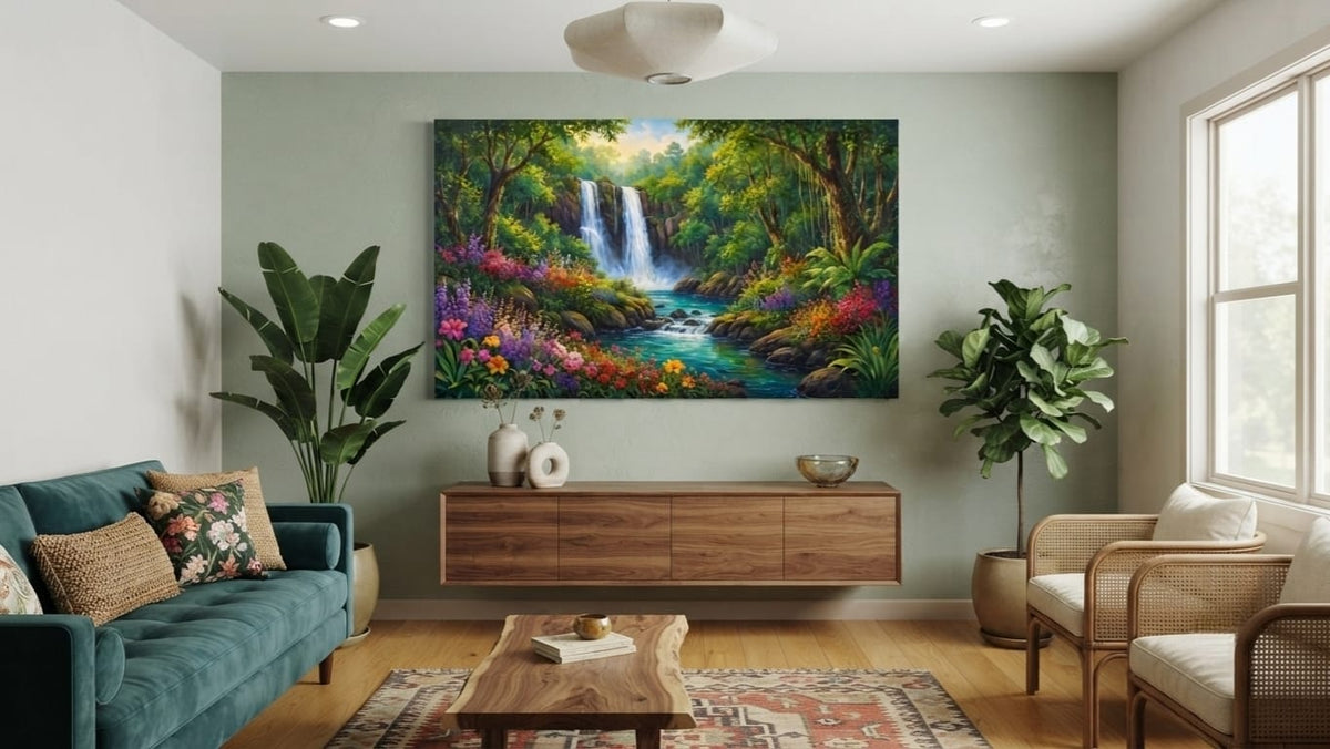 Panoramic Jungle Waterfall Canvas Print - Lush Tropical River & Wildflower Haven Wall Art
