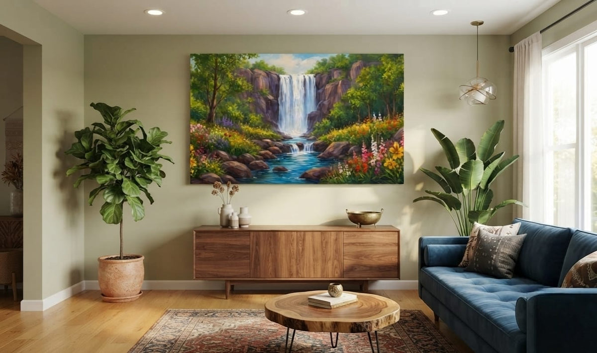 Panoramic Forest Waterfall Canvas Print - Wide Wildflower River Sanctuary Wall Art